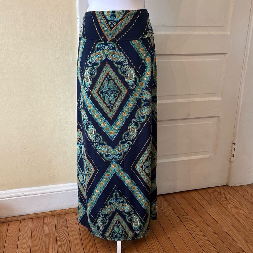 Women's maxi skirt blue gold silky dress yoga band paisley glam beach vacation